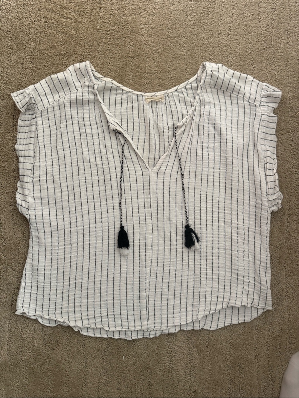 Lightweight White Striped Peasant Top with Tassel Tie